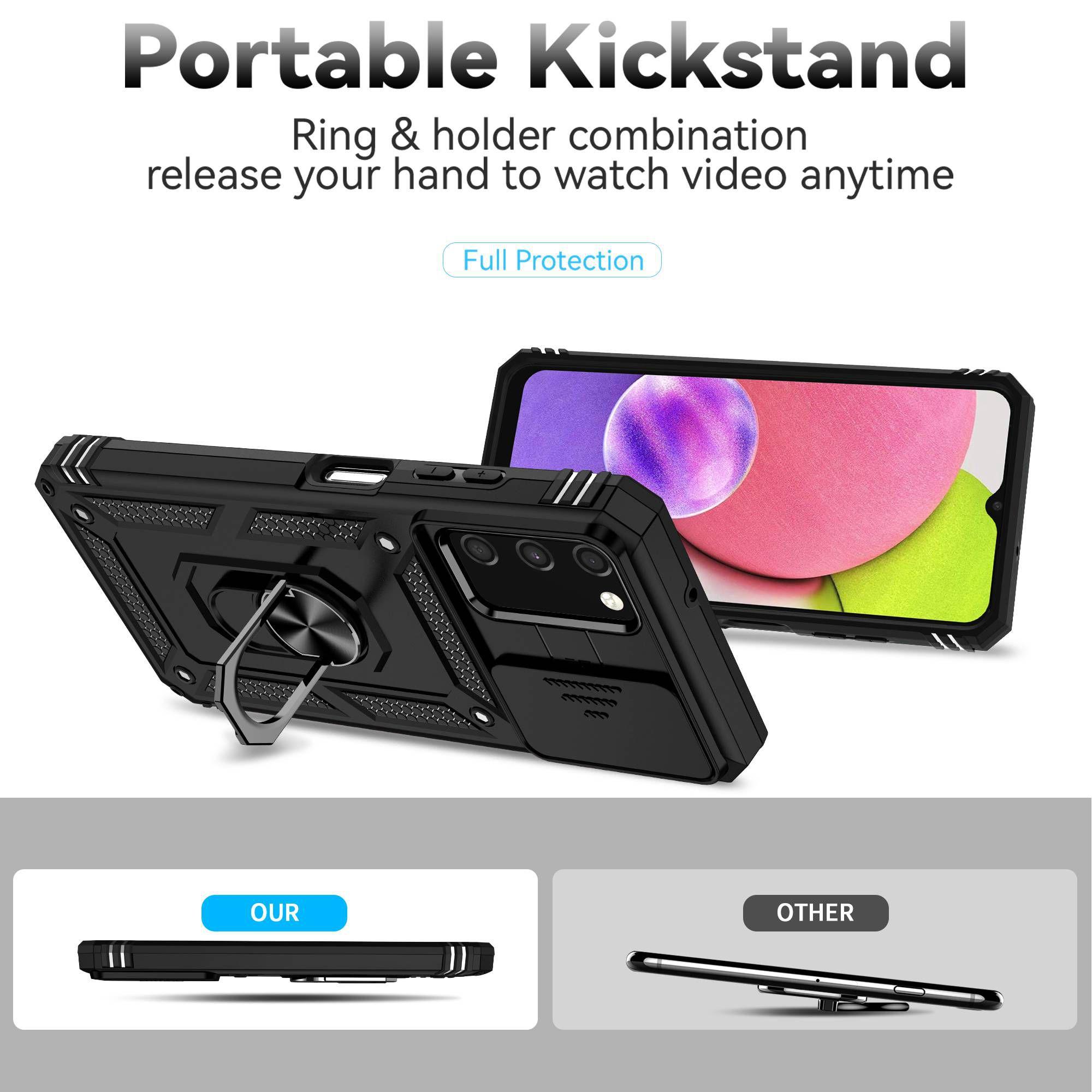 

For Samsung Galaxy A03s (165.8 x 75.9 x 9.1mm) (US Version) Ring Kickstand Phone Case Hard Anti-drop Shell with Slide Camera Protection Cover Red
