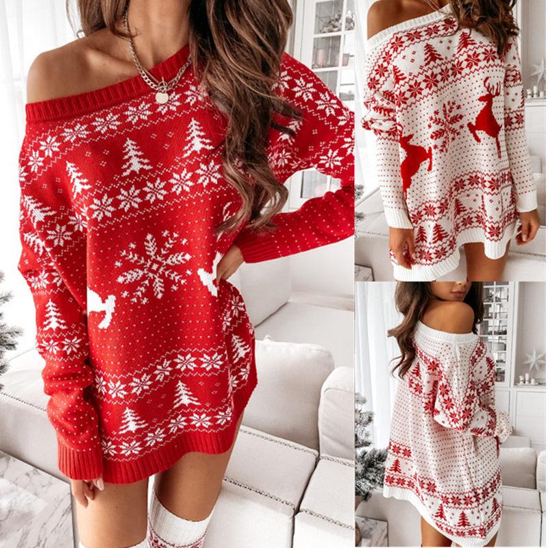 European & American Ladies' Christmas Jacquard Knit Sweater Dress – Autumn/Winter Loose Long Sleeve