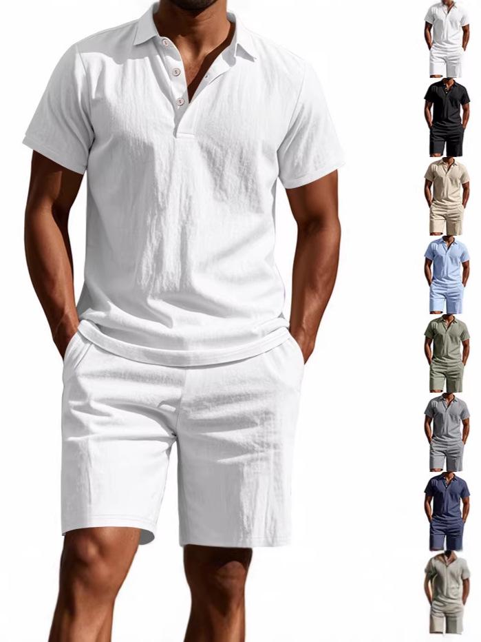 Men's Summer Sporty Cotton Linen Two-Piece Set: Breathable Short Sleeve Polo Shirt & Lapel Shorts