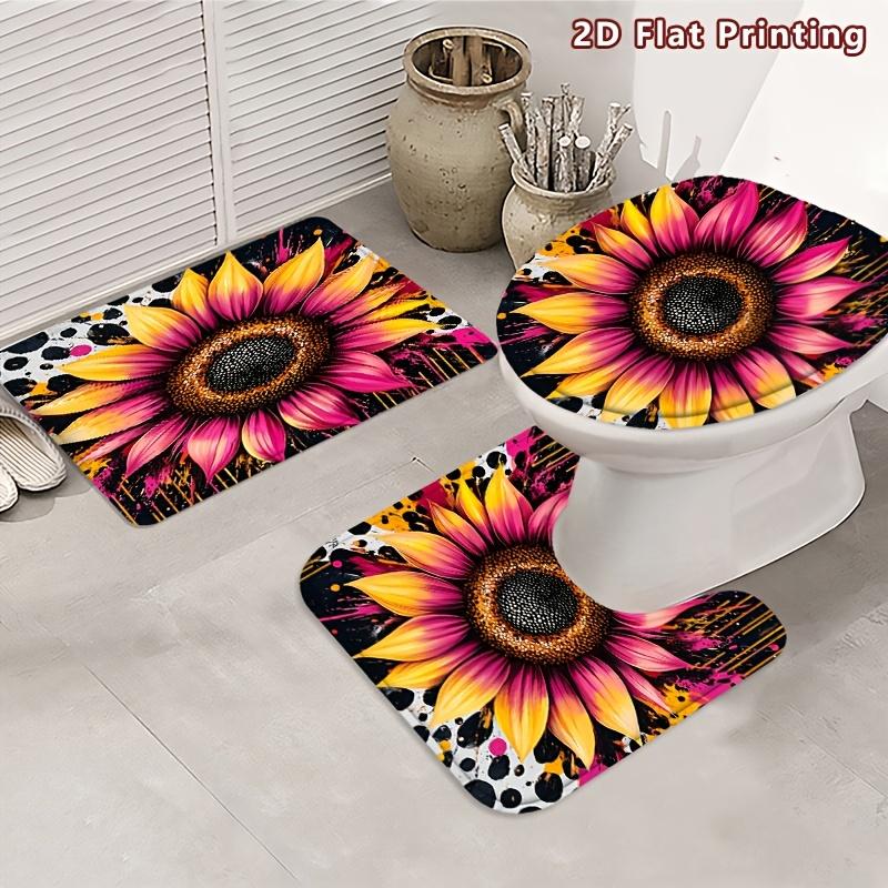 4Pcs Sunflower Art Shower Curtain Set with Non-Slip Bath Mat, Toilet Lid Cover, Contour Rug & 12 Hooks, Bathroom Decor
