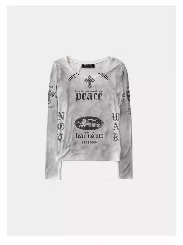 Badblood BCAC Series Retro Print Distressed Slim-Fit Long-Sleeve Women's T-Shirt
