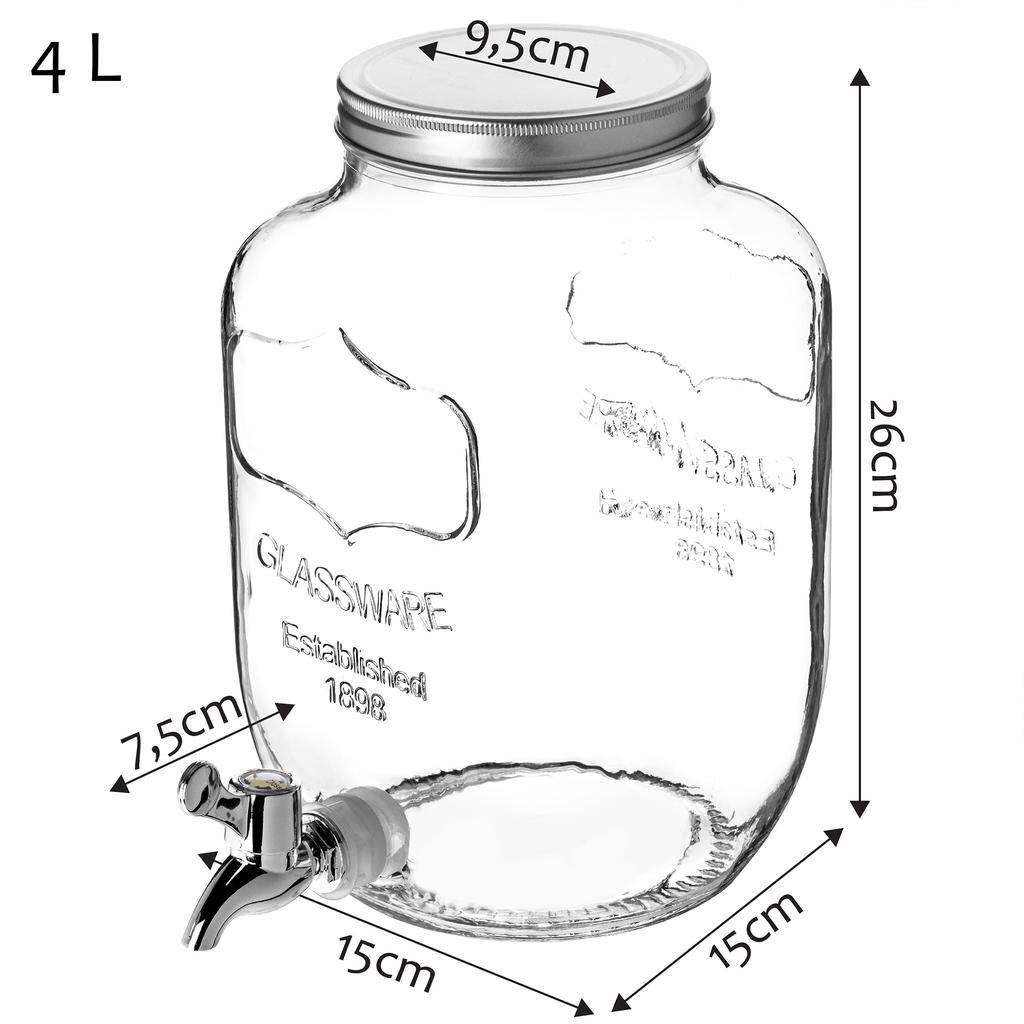 KADAX Tarro con Grifo de Cristal 4L Jarra para Limonada Bebidas Zumo Grande con Tapa de Rosca