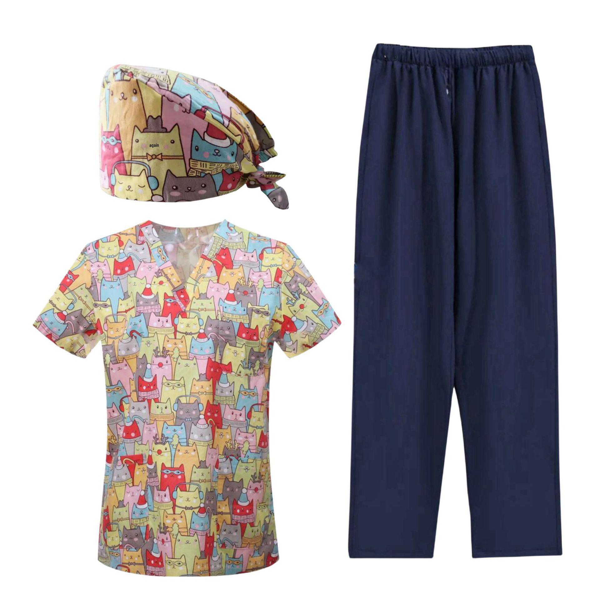 

Комплект медсестри з V-подібним вирізом з мультяшним принтом - Топ з коротким рукавом та штани L