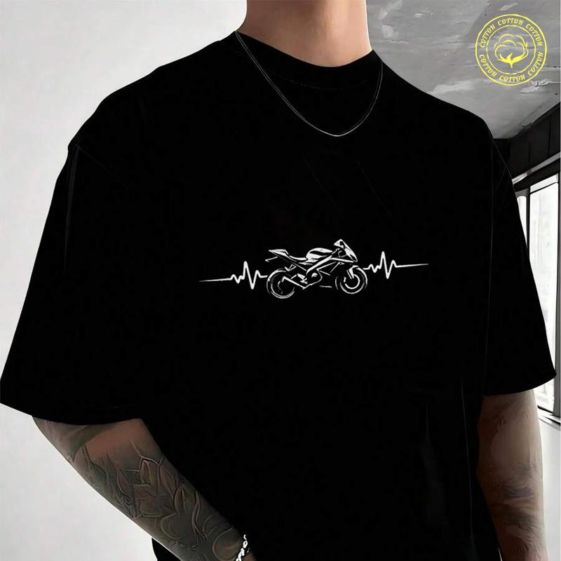Heartbeat Motorcycle Pattern Moto Cotton T-Shirt For Riders Men's And Women's Casual High Quali