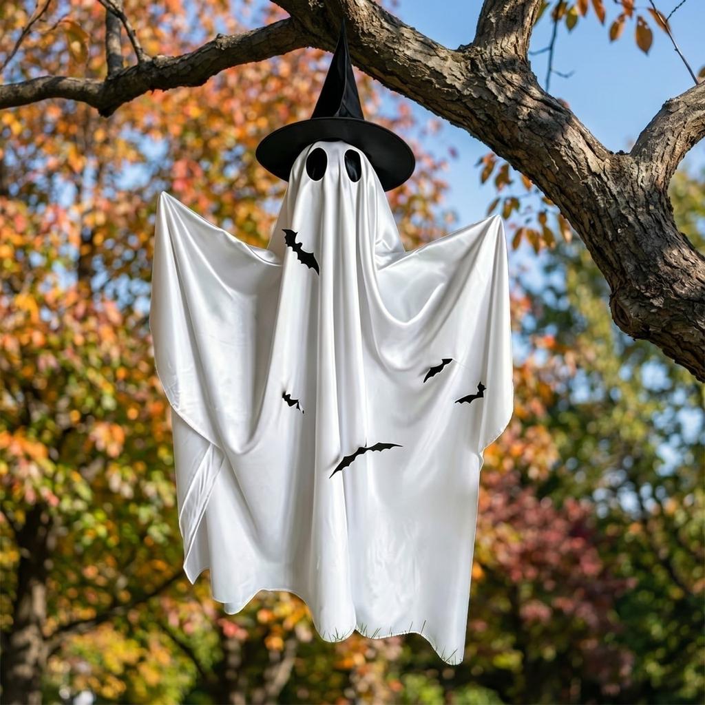Outdoor Halloween Yard Decoration Ghost Figure with Witch Hat and Bat Designs Festive Hanging Prop for Seasonal Holiday Display