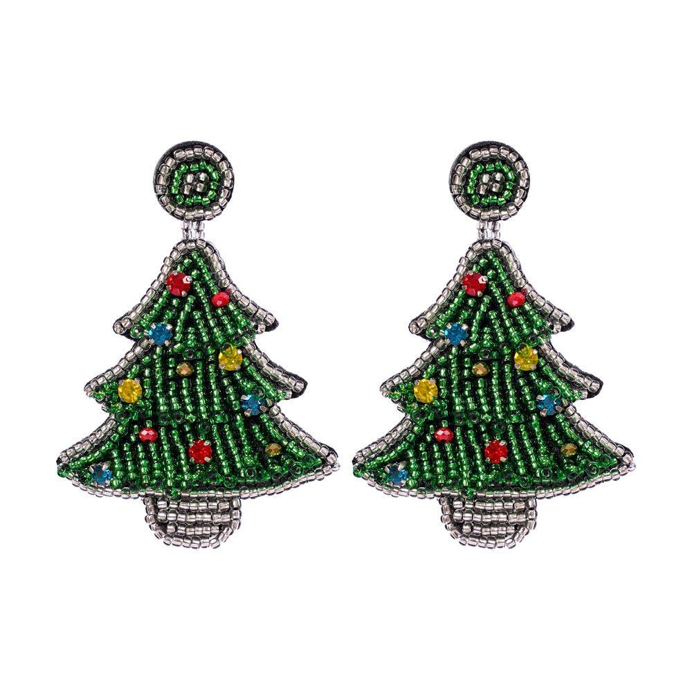 Bright Rhinestone Handmade Beaded Ear Drop Xmas Christmas Tree Stud Earrings  Party