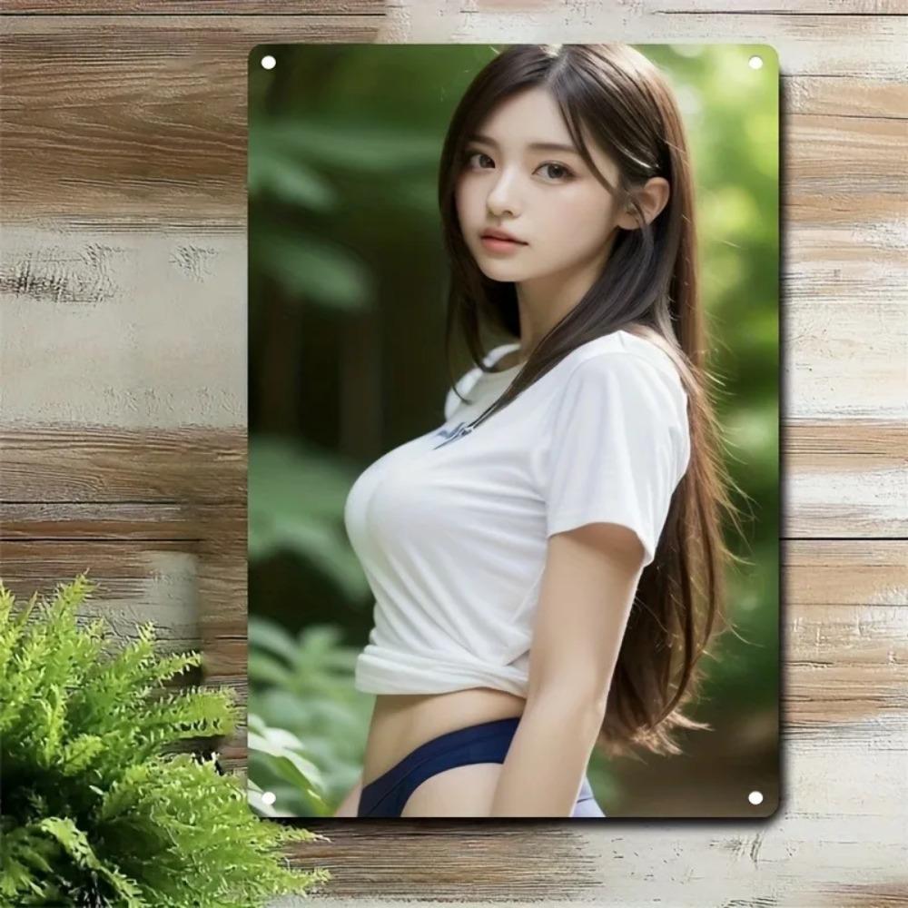 Modern Korean Girl Metal Tin Sign - White Tee Portrait Wall Art for Home, Cafe & Bar