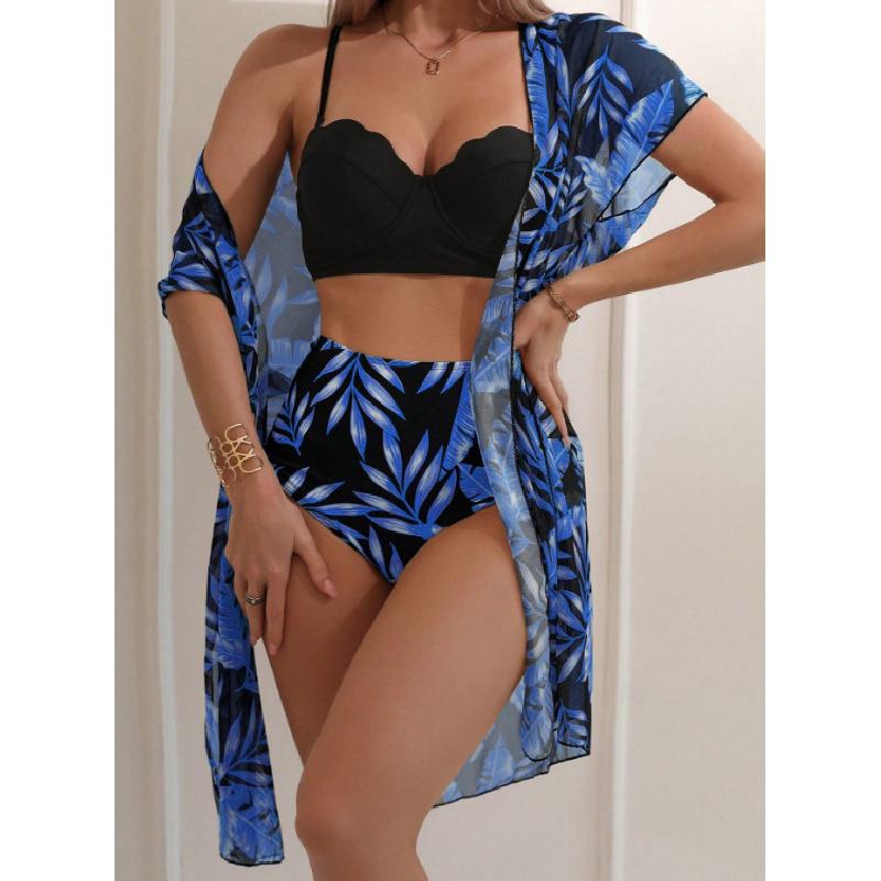 Women Three Piece Swimsuit Set With Leaf Print High Waist Bikini And Sheer Cover Up For Beach Swimming Water Sport Adult Summer Wear