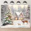 2D Christmas Snowy Forest Reindeer Cabin Tapestry Xmas Party Photo Background Cloth