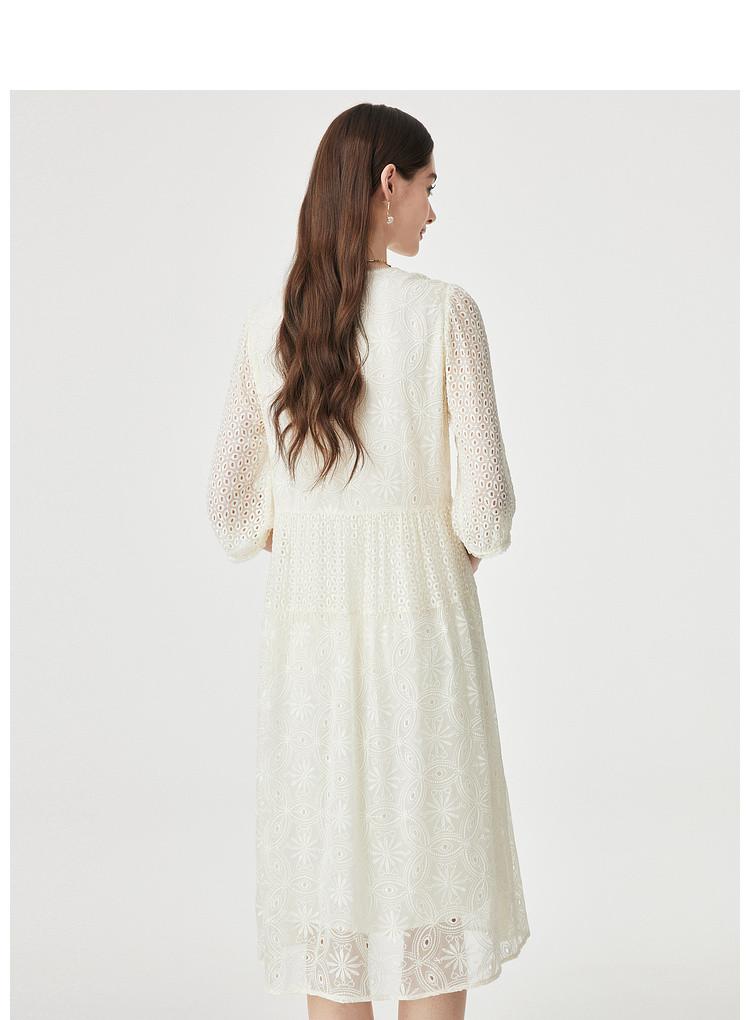 100% Mulberry Silk] Spring and Summer V-neck Elegant Hollow Embroidery Loose and Slimming Silk Dress for Women