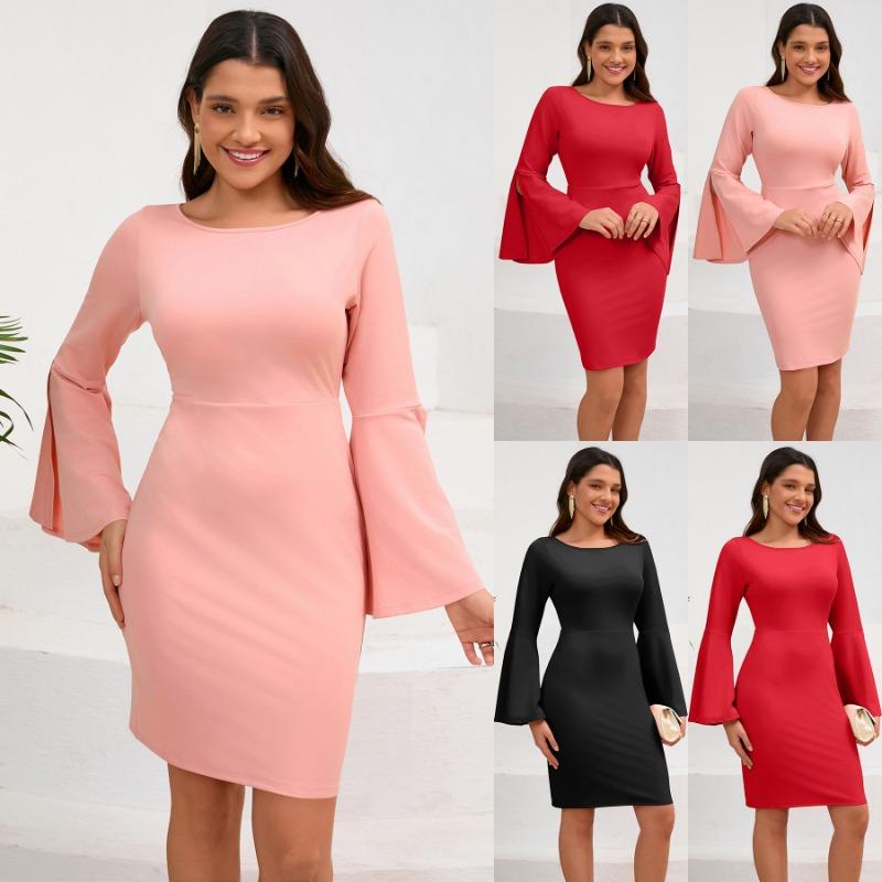 Podzimní a zimní sexy dámské šaty s kulatým výstřihem, s kulatým výstřihem, rukávy, zavinuté, bokové šaty, šaty