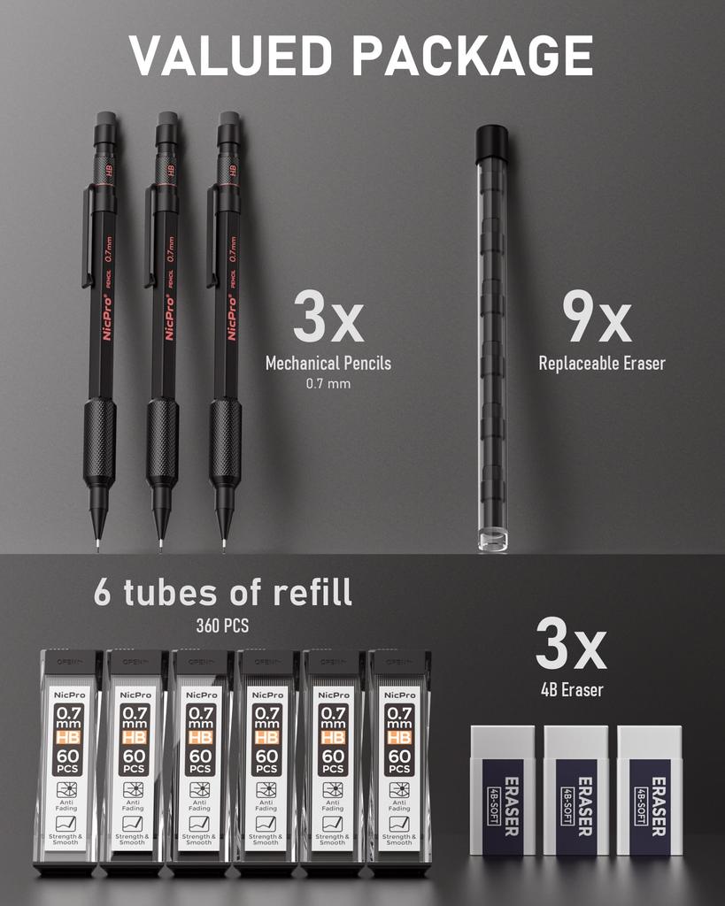 Nicpro 0.7mm Mechanical Pencil Set with Case, MP2000, 3 Metal Artist Mechanical Pencils, 6 Tube HB Lead Refills, Eraser, and Weather-Resistant Barrel