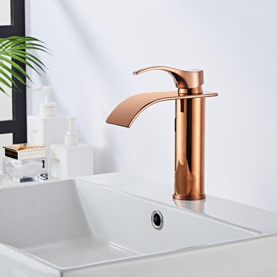 

Смеситель для раковины из розового золота, водопадный смеситель, латунный смеситель для ванной комнаты, смеситель для раковины, латунный смеситель для мойки с горячей и холодной водой