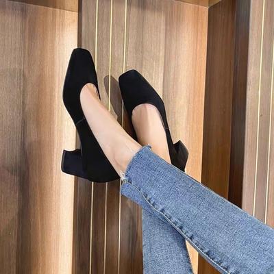 Fashion 2025 New Black Temperament Professional Women's Shoes Mid-heeled Square Toe High Heels Women's Thick Heels