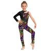 Girls Shiny Rhinestone Printed Gymnastics Jumpsuit Asymmetrical Full Length Bodysuit