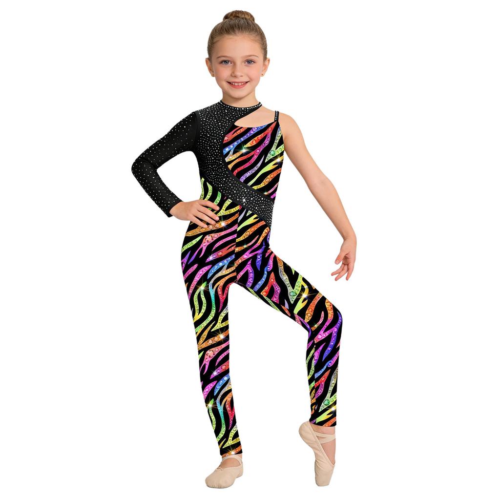 Girls Shiny Rhinestone Printed Gymnastics Jumpsuit Asymmetrical Full Length Bodysuit