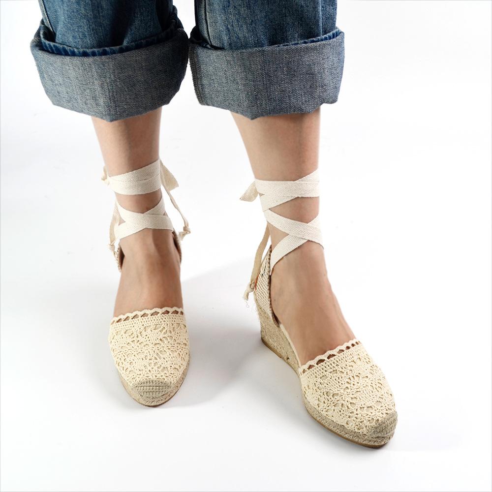 2025 Summer New Lace High-heeled Sandals Platform-soled Casual Hemp Rope Wedge Heel Sandals Rear Empty Lace-up Hemp Sole Sandals