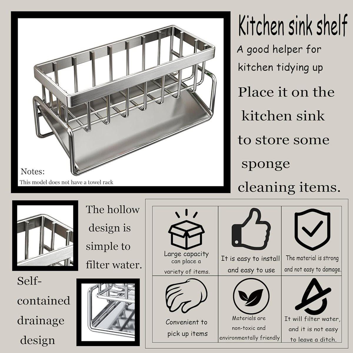 

BHBL Sponge Holder for Kitchen Sink Stainless Steel Soap Organizer with Auto Drain Tray, Countertop Storage Rack China Mainland
