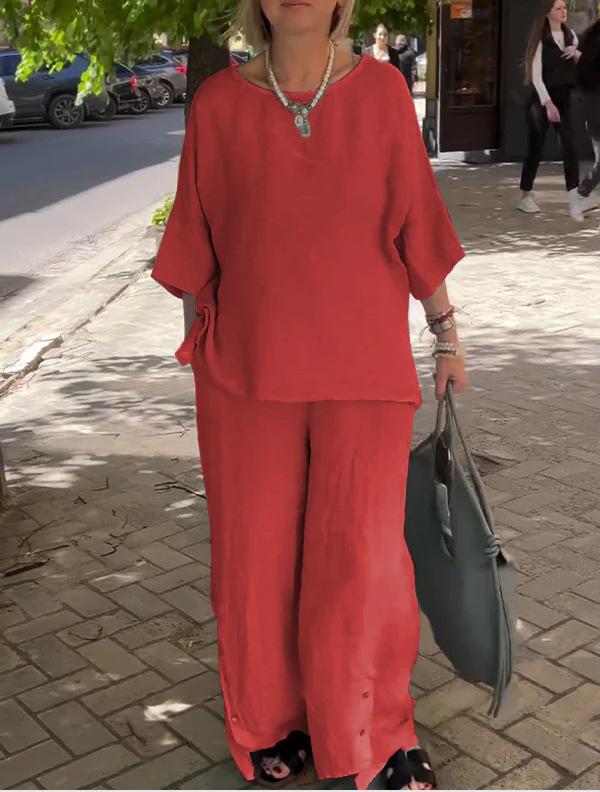 2024 Women's Cotton & Linen Casual Two-Piece Set with Seven-Sleeve Top & Wide-Leg Pants