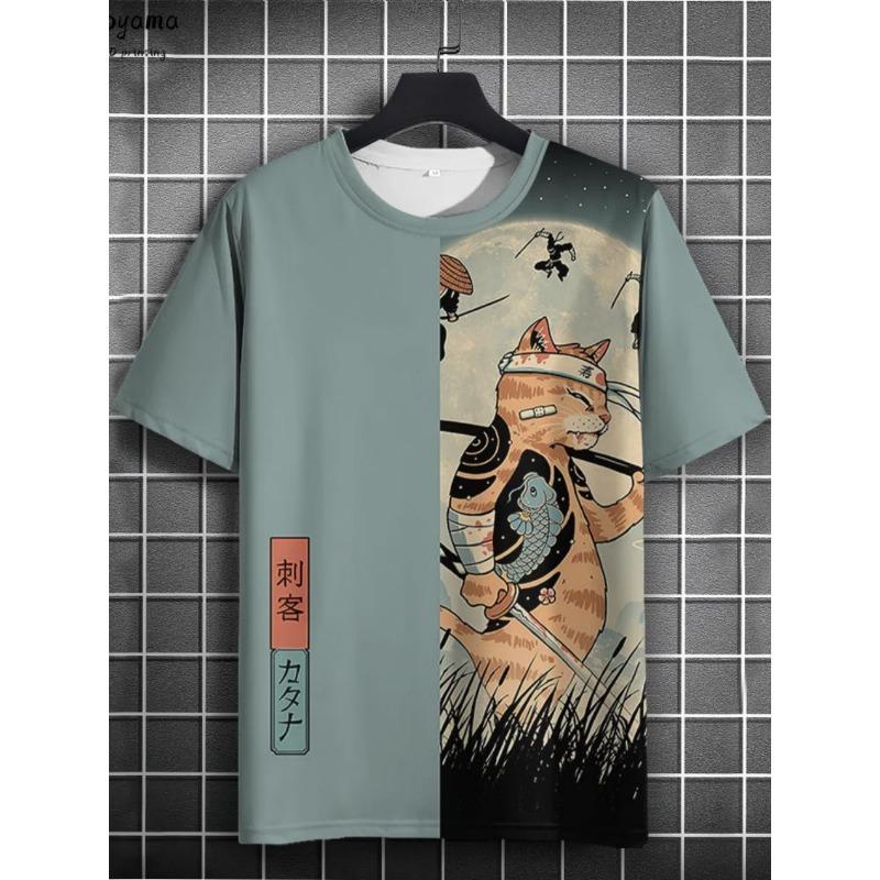 Japanese Samurai Cat 3D Printed T-Shirts for Men Short Sleeve Tee Casual Loose Harajuku Men's Clothing Oversized T-Shirt Tops