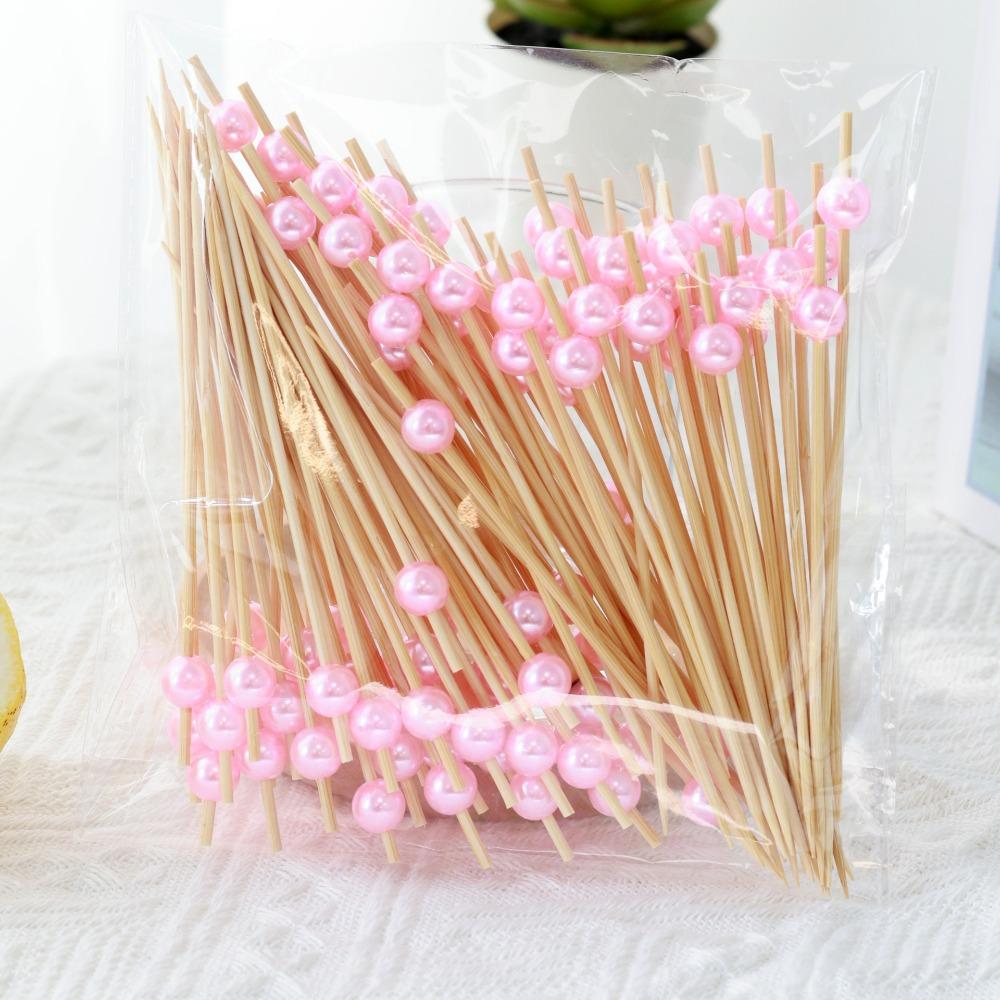 100pcs 12cm Length Bamboo Food Picks Versatile Disposable Pearl Fruit Picks Snack Fork Skewer Toothpick Skewer Cake Dessert