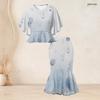 Women Plus Size Round Neck Printed Batwing Sleeve Ruffle Hem Top Fishtail Skirt Two Piece Set