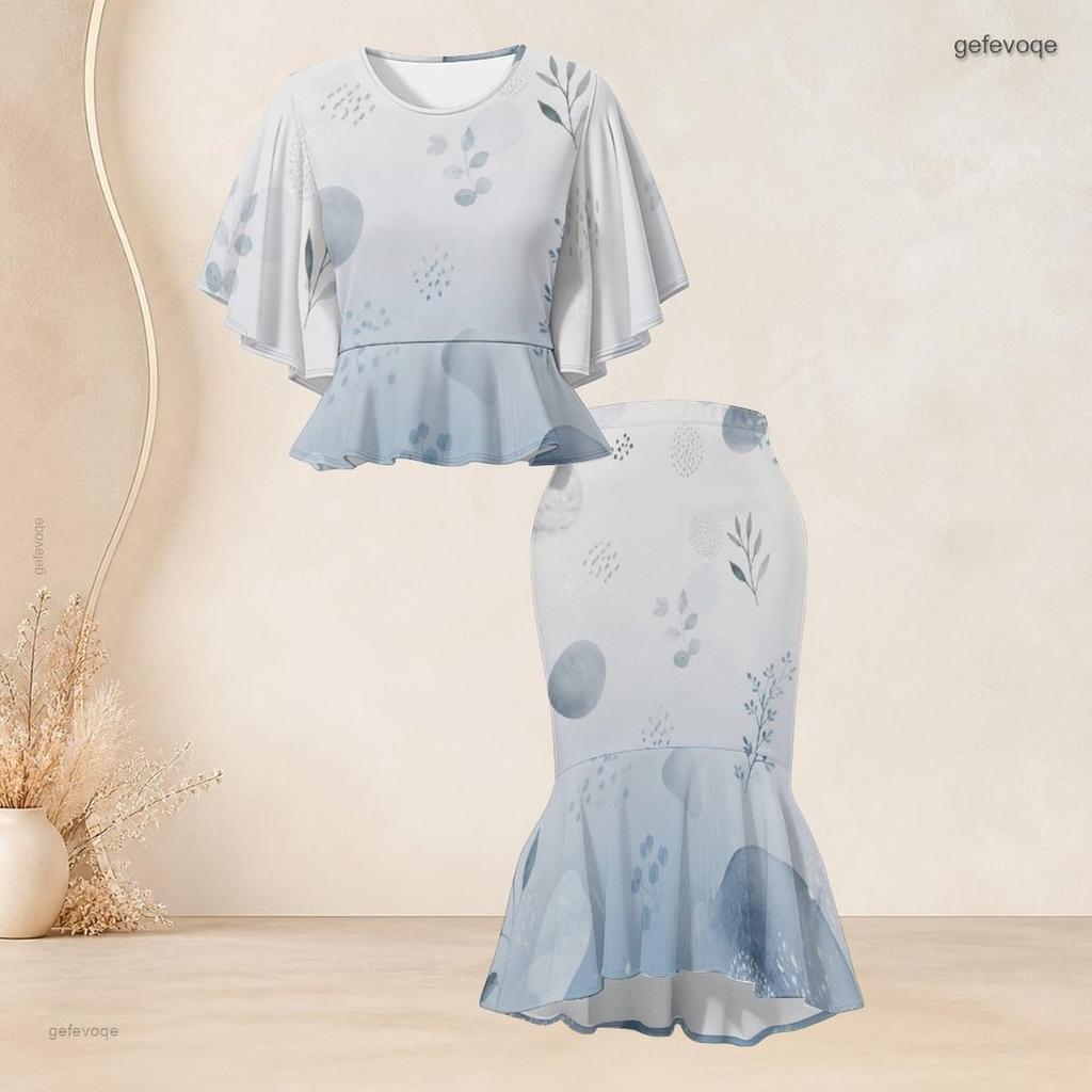 Women Plus Size Round Neck Printed Batwing Sleeve Ruffle Hem Top Fishtail Skirt Two Piece Set
