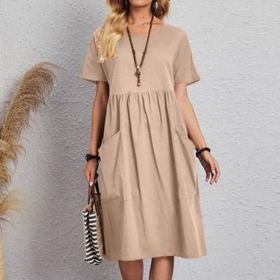 Yousheng Women's Cotton Linen Summer Dress Round Neck Short Sleeve Midi Dress Loose Casual Beach Vacation Flowy Dress with Pockets