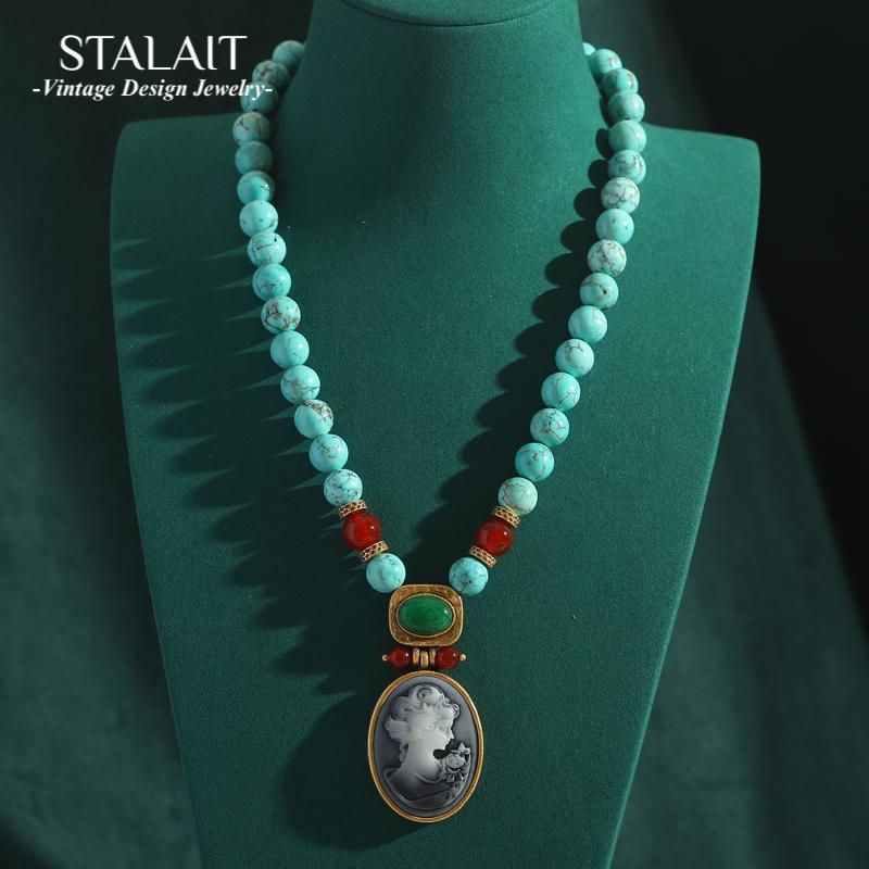 Vintage Türkis Halskette Für Frau Lange Perlenkette Ovales Cameo Kopf Anhänger Schmuck Geschenk Antik Boho Accessoires Böhmen