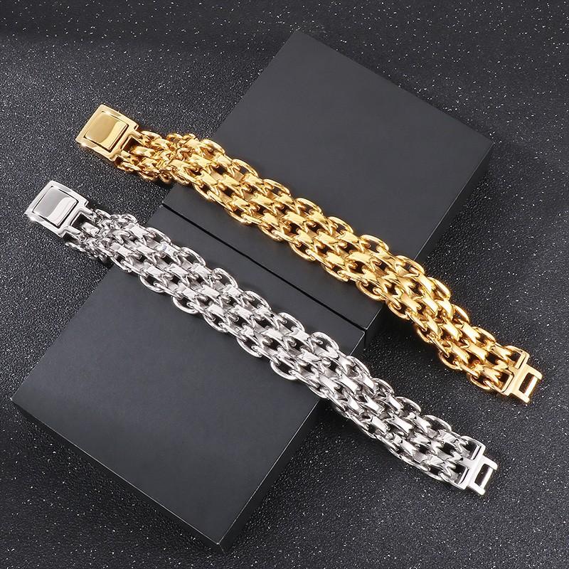 Hip Hop Stainless Steel Three Layer Link Chain Bracelet Men's Gold Color O-Shaped Chunky Bracelets Larger Polished Wist Jewelry