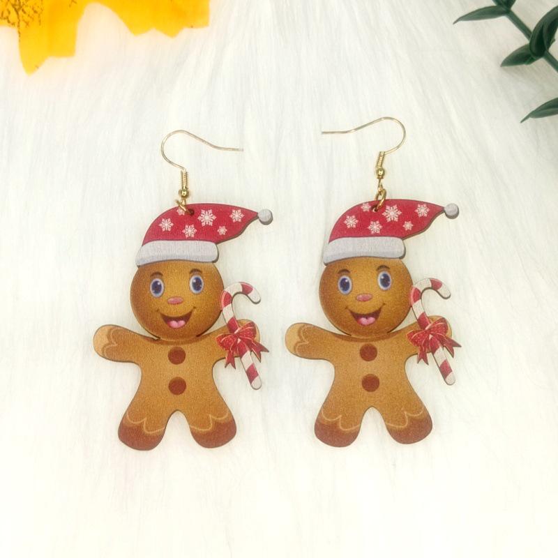 Europäische & Amerikanische Weihnachts-Lebkuchenmann-Cartoon-Ohrringe mit Holzschnitt-Farbdruck
