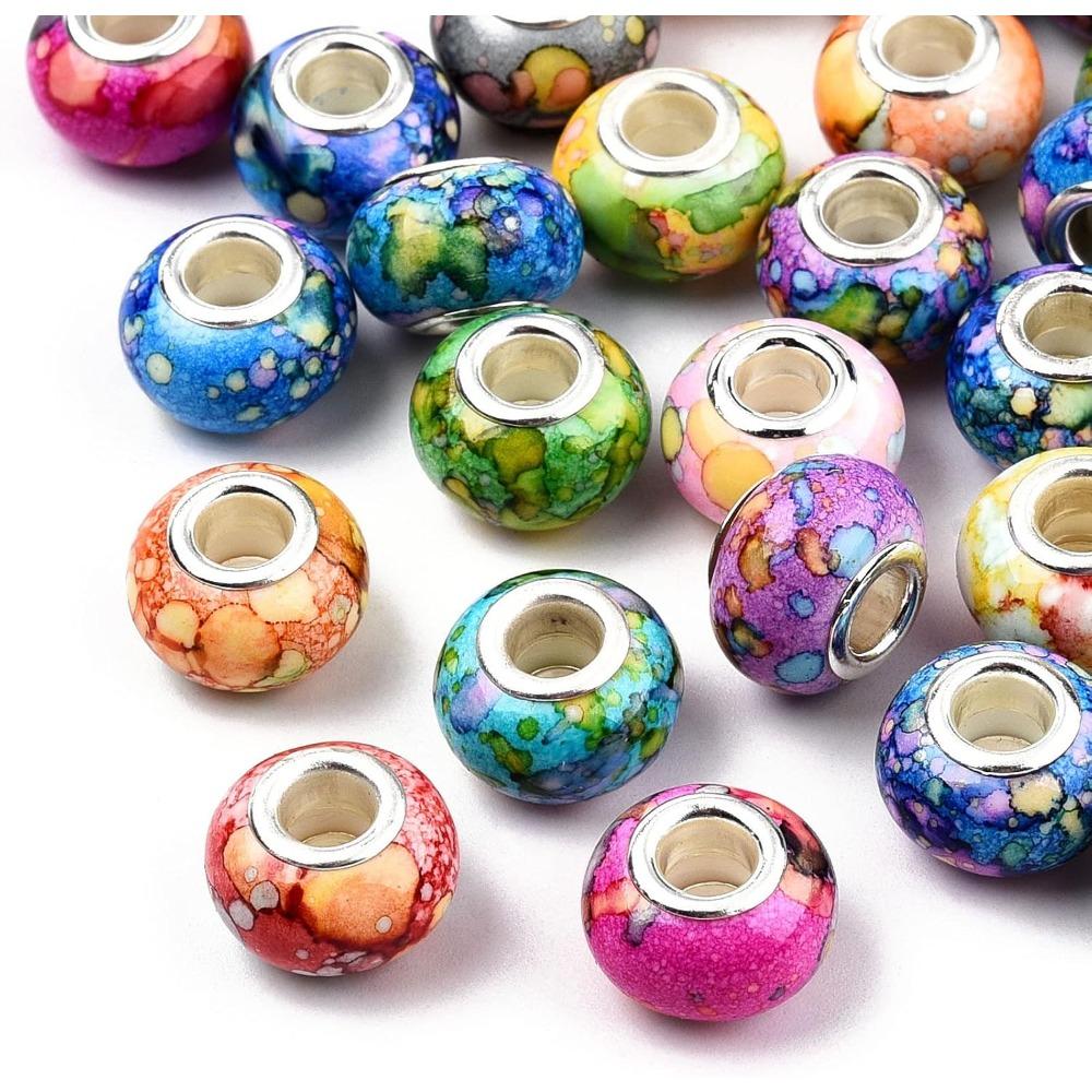 

10/30/60 шт. Большие европейские бусины с отверстиями, акварельные бусины-рондель, подвески, серебристые европейские подвески, подходят для браслета, ожерелья, ручек для самостоятельного изготовления ювелирных изделий, макраме 10pcs разноцветный