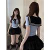 Spice girl JK suit polo collar splicing top thin versatile cake skirt college style two-piece set summer