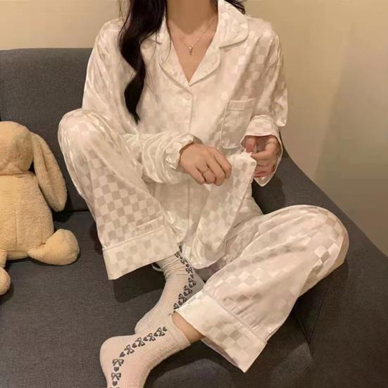 Womens Satin Pajamas Set Button Down Long Sleeve Top And Long Pants Sleepwear Set Oversized Casual Plaid 2 Piece Lounge Set