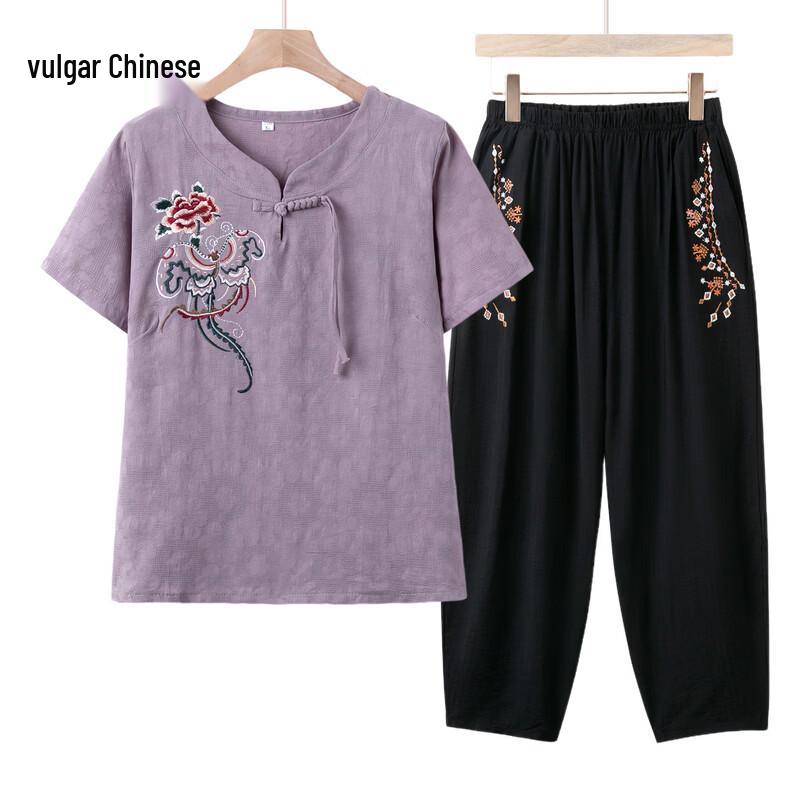 Women s Floral Embroidered Short-Sleeve Two-Piece Summer Set 4XL