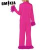 GMXIA Luxury Elegant Feather Loungewear Set Pajamas Long Sleeve Long Pants Two Piece Set