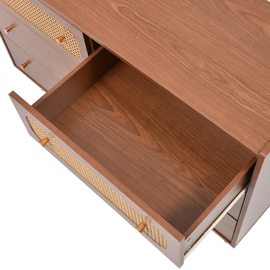 Chest of drawers with 6 drawers, rattan sideboard highboard for bedroom & all living areas, walnut - H90/W120/D40 cm