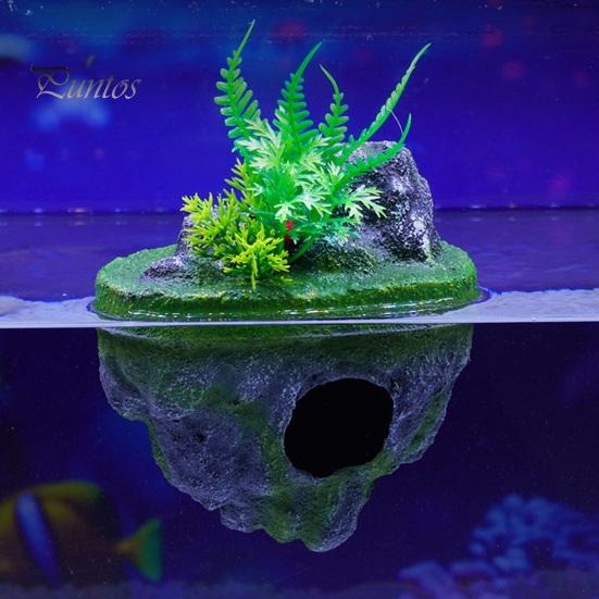 Floating Artificial Mountain Rock Aquarium Decoration, Realistic Moss Ornament with Covered Stone Decor Cave, Fish Tank Hideout Shelter for