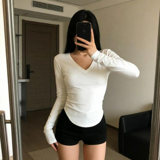 Top Feminino de Gola V Slim Fit Manga Longa Bainha Curva Primavera/Outono 2024