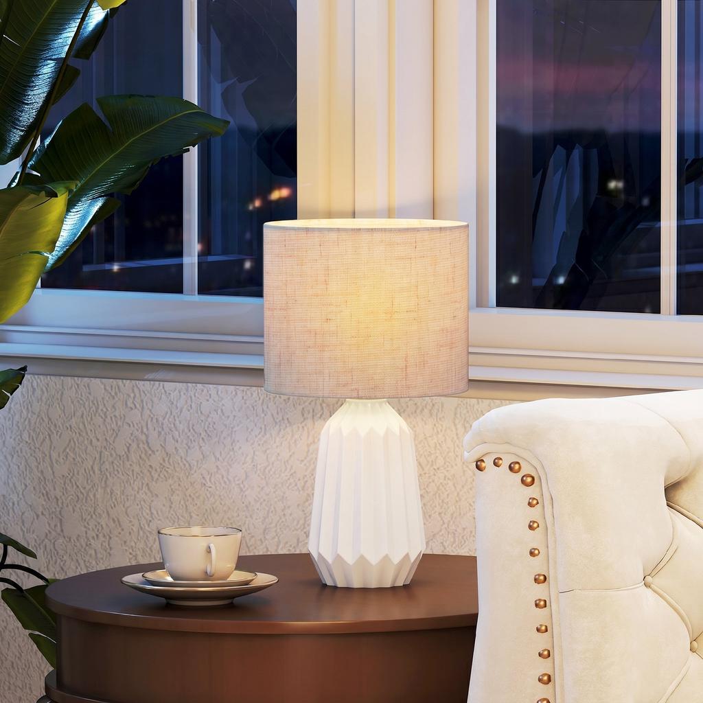 Table Lamp, Ceramic Base, Linen Shade, Switch, E27 Socket, White and Beige