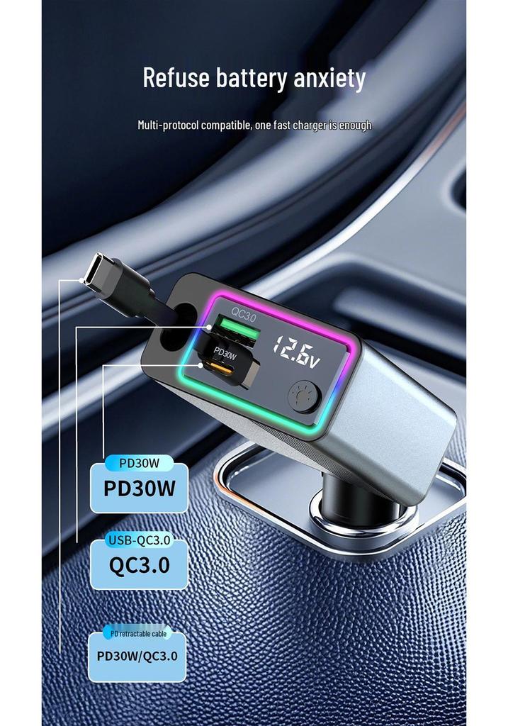 Fast-Charging Car Charger with Ambient Light and 3-Way Cigarette Lighter Converter, Type-C Retractable Flash Charging