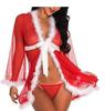 Women's Red Christmas Bathrobe with White Fur Trim & Lace See-Through Nightgown