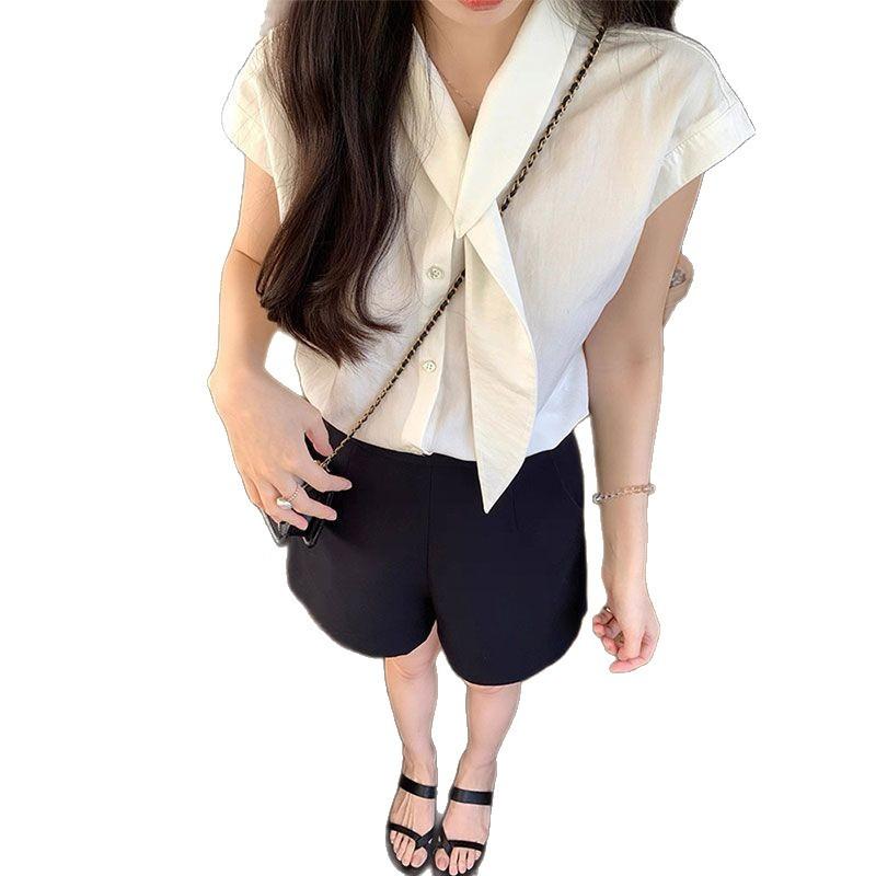 French POLO Collar Streamer Design Sense Niche White Shirt Women's Summer Temperament Shirt Thin Short Sleeve Chic Top
