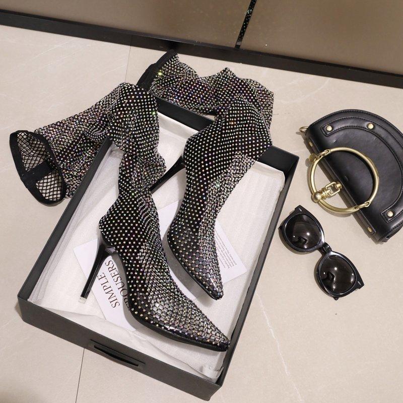 Autumn and winter new thin heel high heel knee net boots rhinestone cool boots women's boots