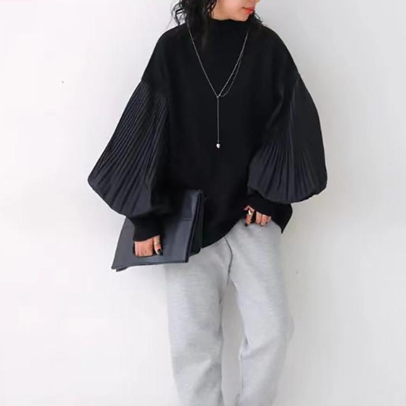 Winter Women Stylish Sweater Turtleneck Patchwork Casual Loose Pullover Lantern Sleeve Ladies' Sweater