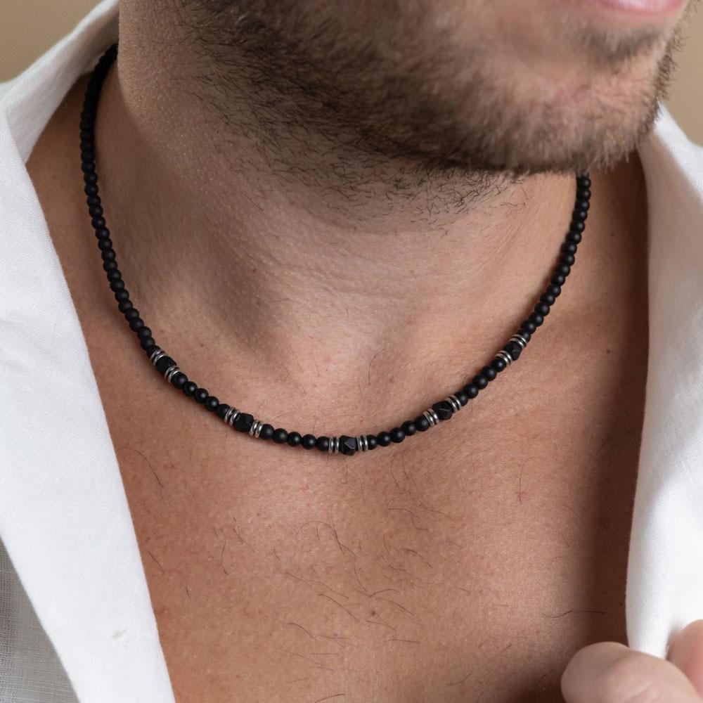Herren Trendy Mattes Schwarzes Facettiertes Achat Halskette - Hip Hop Punk Stil, Edelstahl Schlüsselbein Kette
