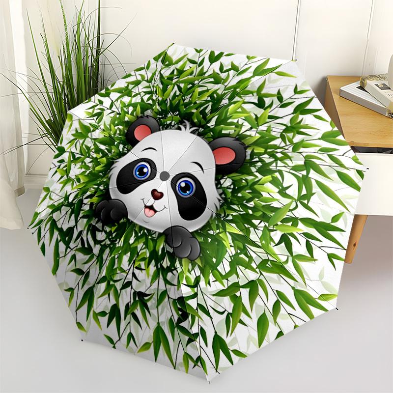 1pc Panda Bamboo Automatic Folding Umbrella - 8-Rib Compact Travel Umbrella Durable & Portable for Outdoor Use, Perfect Gift032