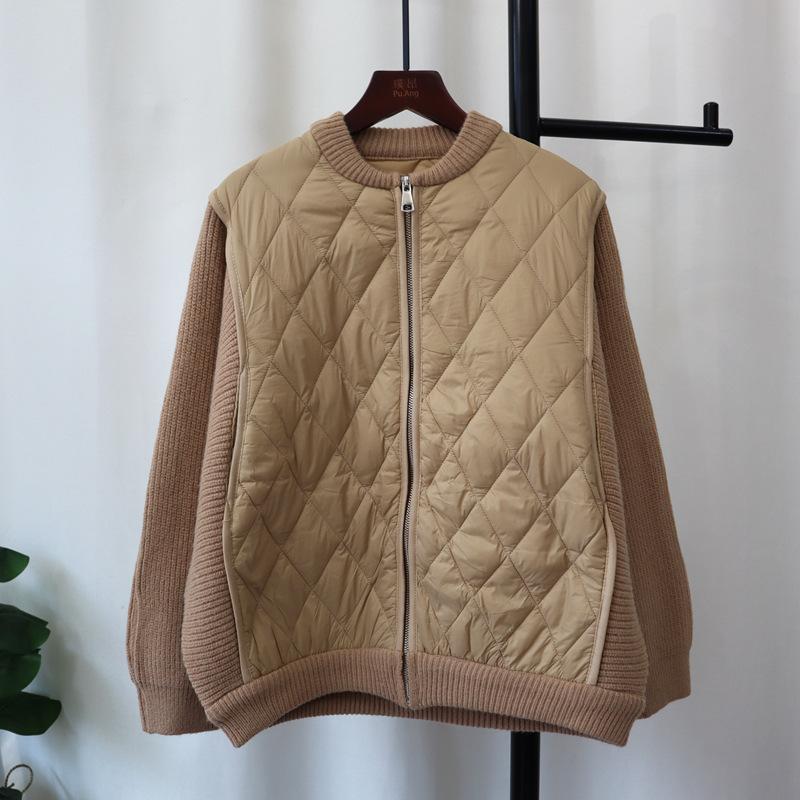Autumn and Winter New Light and Thin Splicing Cotton Clothes Knitted Cardigan Loose Zipper Design Jacket Sweater Jacket Women