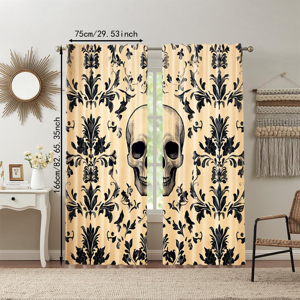 2 pcs   versatile polyester transparent curtains for home decoration Gothic Skull & Floral Peel for use in bedrooms and living