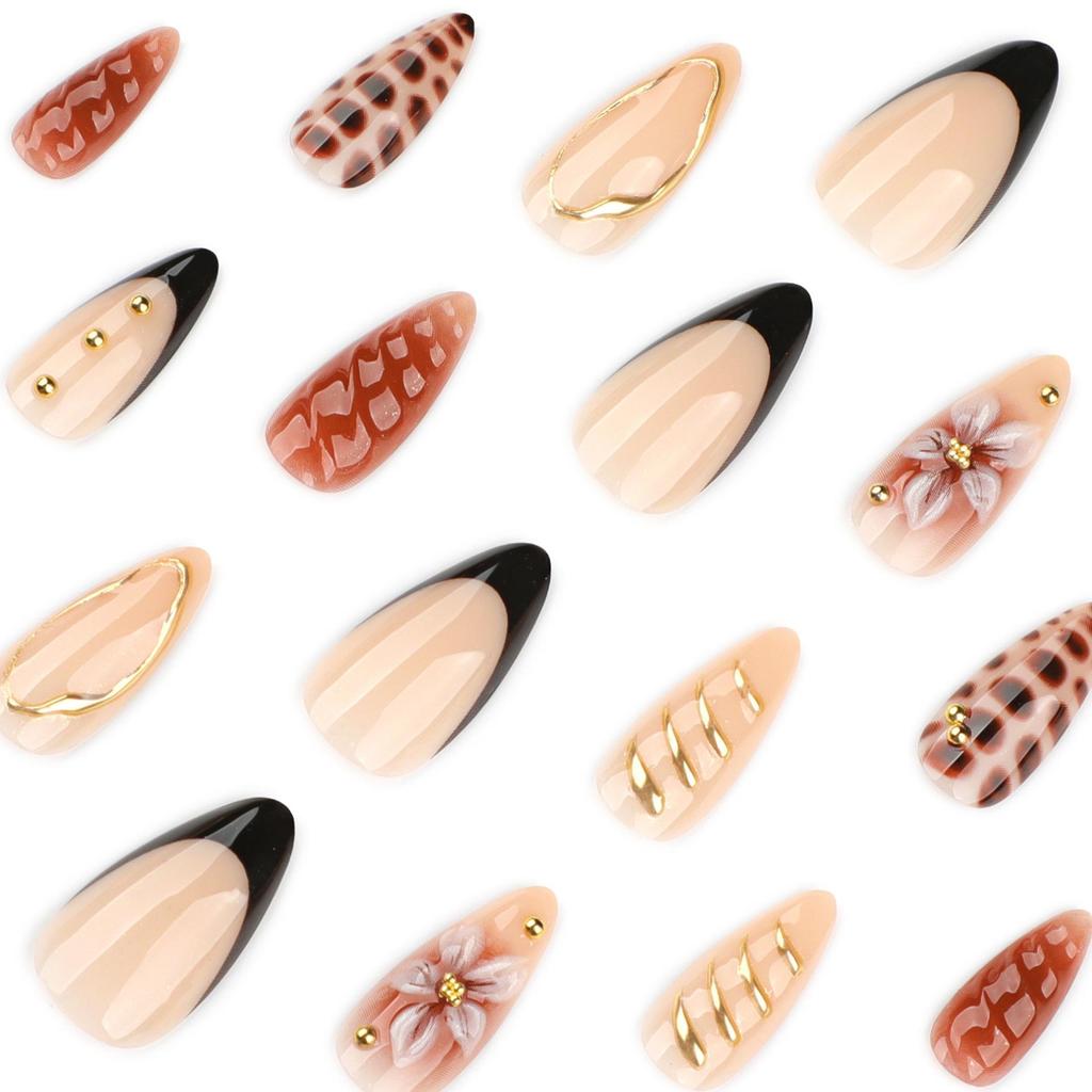 3D Crocodile Pattern Almond Shape Nails: French Style Autumn/Winter Glitter with Floral Design